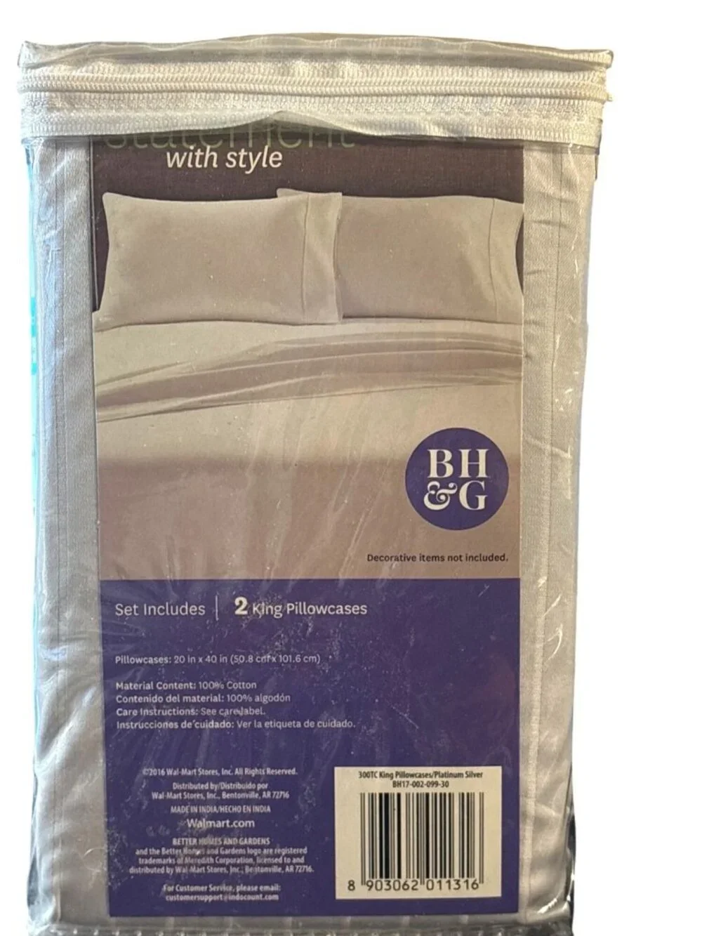 Better Homes & Gardens 300 Thread Count King Pillowcases Platinum Silver Cotton